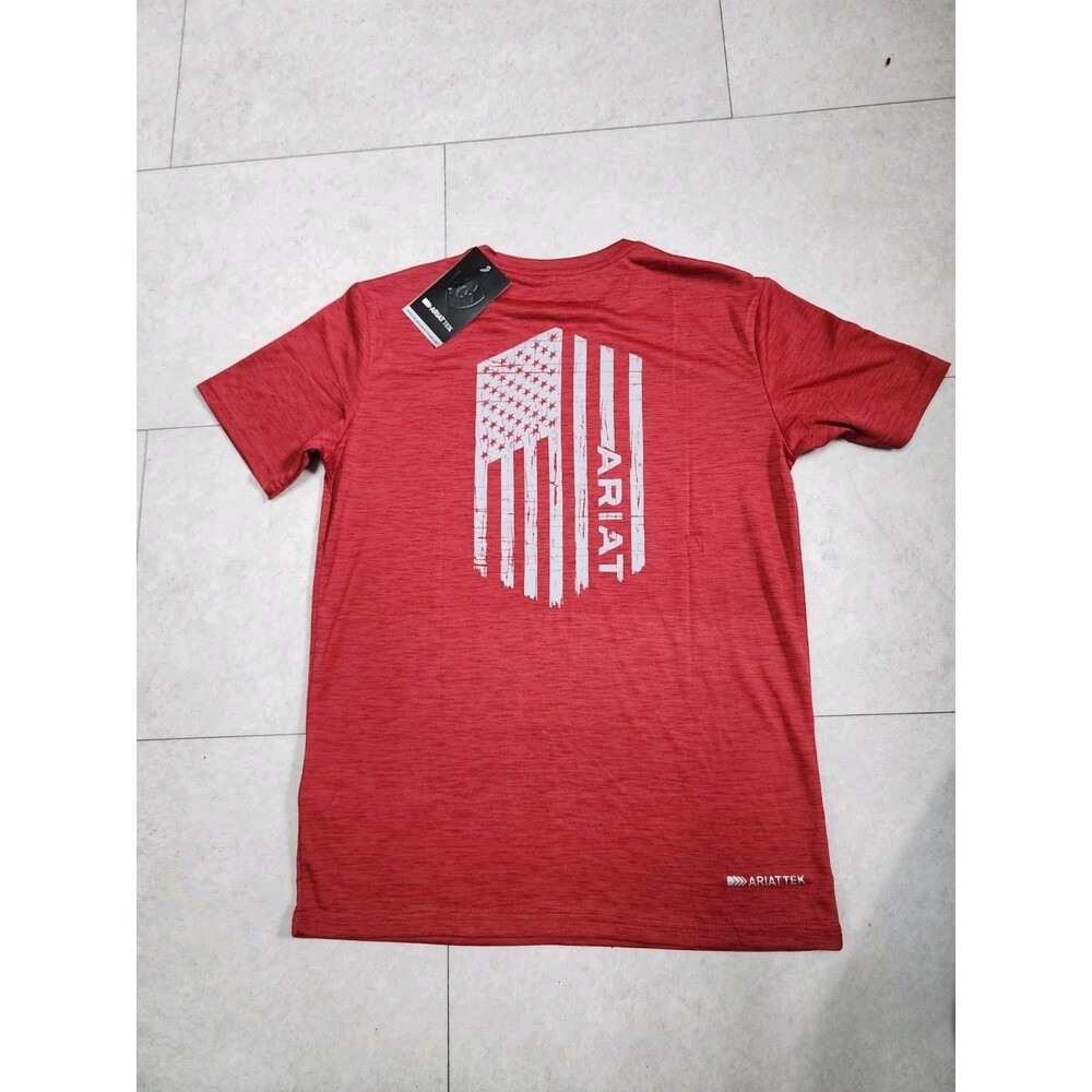 Ariat Shirt Red Cardinal Charger Vertical Flag Ariattek Performance Tee USA 4th